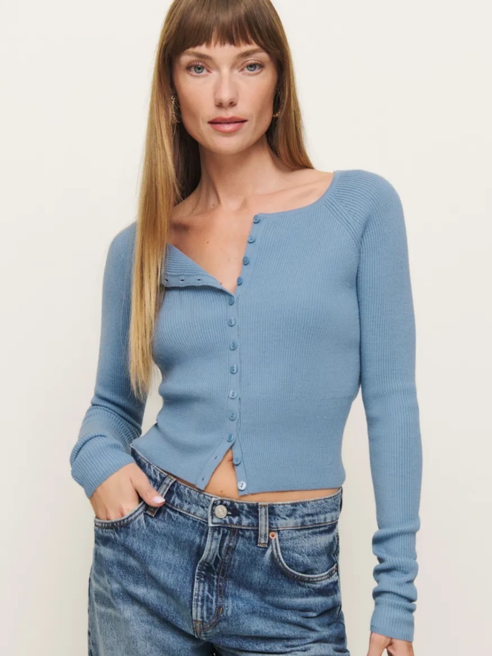 Reformation Meadow Regenerative Merino Cardigan in Cornflower